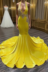 Chic Sleeveless Halter Backless Mermaid Evening Prom Dress