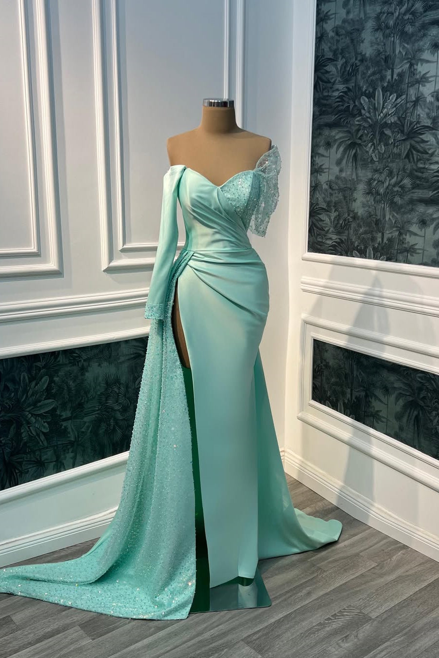 Chic Tiffany V-Neck Off-The-Shoulder Satin Sequins Prom Dresses Mermaid With High Split Main image