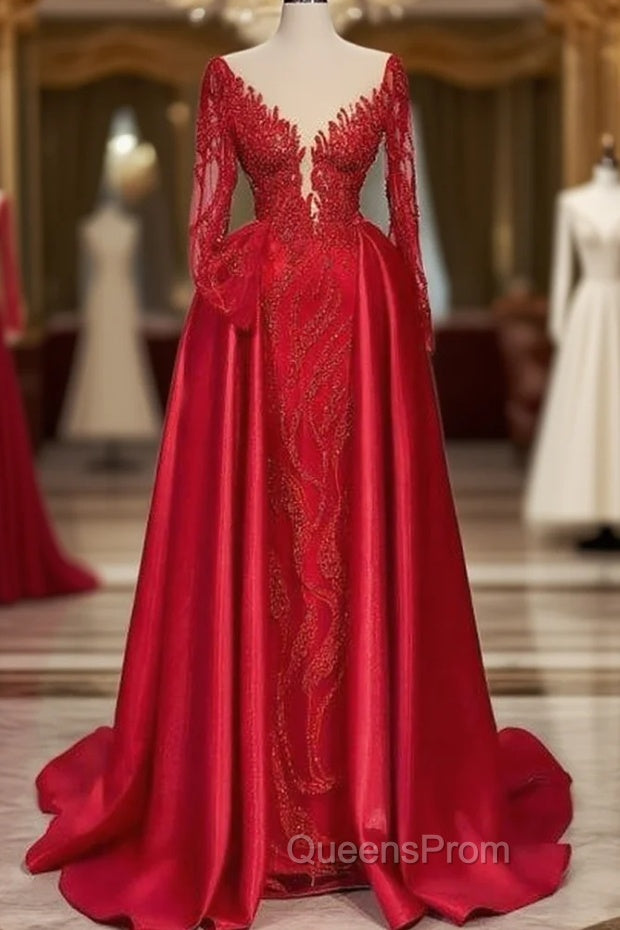 Chic V-neck Lace Evening Prom Dress Evening Gown With Long Sleeves