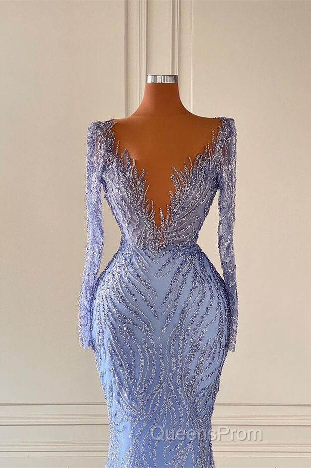 Chic V-Neck Long Sleeves Mermaid Evening Prom Dress with Beads Secondary image