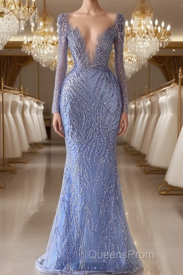 Chic V-Neck Long Sleeves Mermaid Evening Prom Dress with Beads Main image