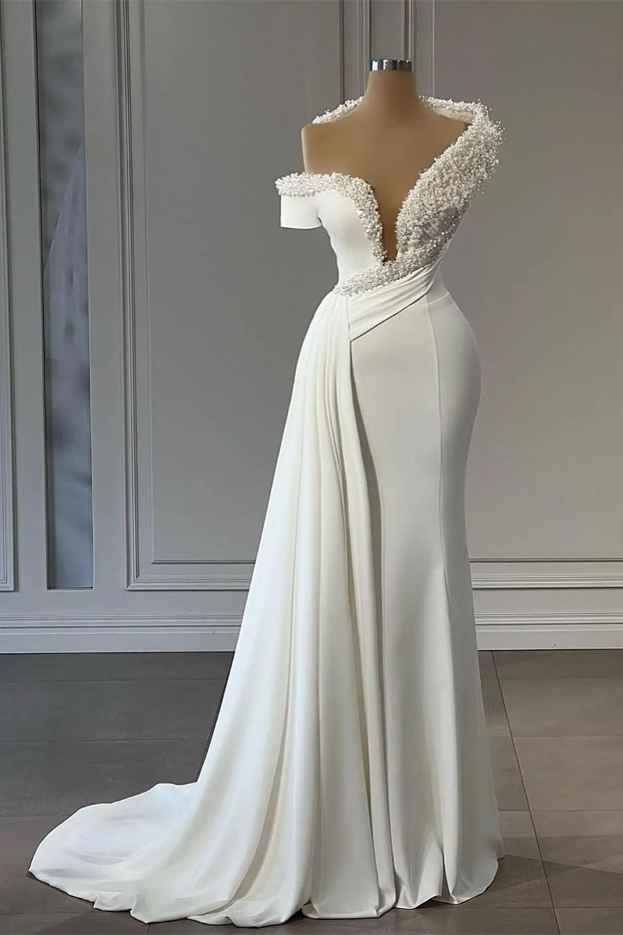 Chic V-Neck Off-The-Shoulder Beading Sleeveless Mermaid Bridal Dress