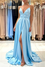 Chic V-Neck Sleeveless Satin Evening Dress With Slit Long Blue