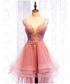 Chic V-neckline Lace Applique Tulle High Low Straps Homecoming Dress, Tulle Short Evening Prom Dress