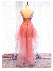 Chic V-neckline Lace Applique Tulle High Low Straps Homecoming Dress, Tulle Short Evening Prom Dress
