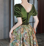 Chic Velvet Floral Short Sleeves Long Prom Dress, Green Sweetheart Party Dress
