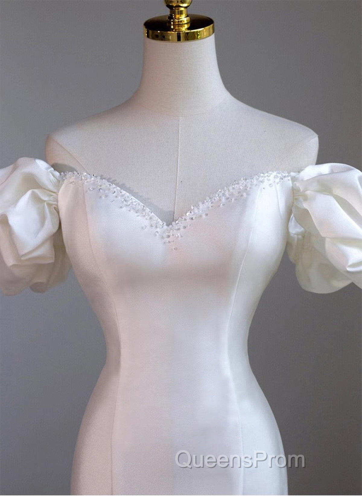 Chic White Satin Sweetheart Beaded Wedding Party Dress, White Satin Formal Dress Secondary image