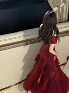 Chic Wine Red Off Shoulder Satin Layers Long Classy Prom Dress, Wine Red V-Neckline Classy Evening Dress