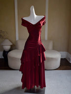 Chic Wine Red Off Shoulder Satin Layers Long Classy Prom Dress, Wine Red V-Neckline Classy Evening Dress