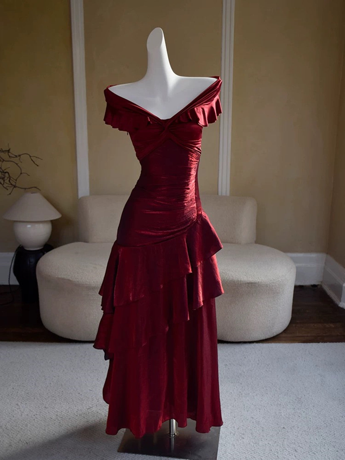 Chic Wine Red Off Shoulder Satin Layers Long Classy Prom Dress, Wine Red V-Neckline Classy Evening Dress