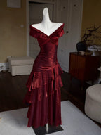 Chic Wine Red Off Shoulder Satin Layers Long Classy Prom Dress, Wine Red V-Neckline Classy Evening Dress