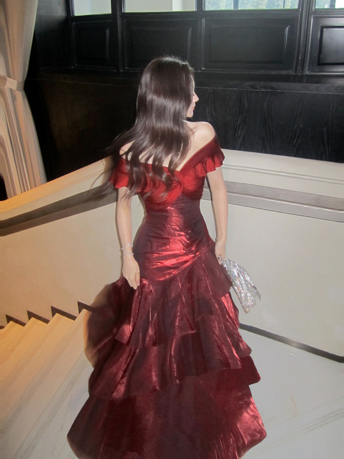 Chic Wine Red Off Shoulder Satin Layers Long Classy Prom Dress, Wine Red V-Neckline Classy Evening Dress Main image