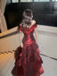 Chic Wine Red Off Shoulder Satin Layers Long Classy Prom Dress, Wine Red V-Neckline Classy Evening Dress