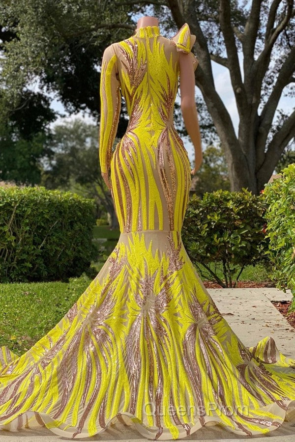 Chic Yellow Long Mermaid High Neck Tulle Lace Evening Prom Dress with Sleeves Secondary image
