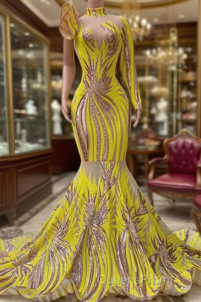 Chic Yellow Long Mermaid High Neck Tulle Lace Evening Prom Dress with Sleeves Main image
