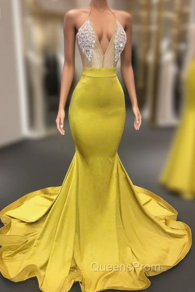 Chic Yellow Sleeveless Crystals Sheer Tulle Evening Prom Dress New Arrival Mermaid Evening Gowns Main image