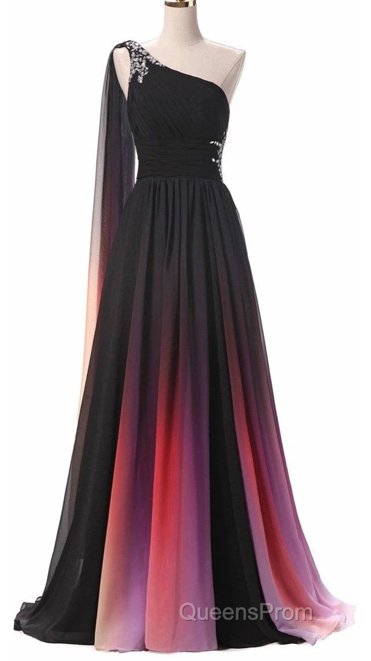 Chiffon A-Line Gradient One Shoulder Evening Dress, Chiffon Evening Prom Dress Party Dress
