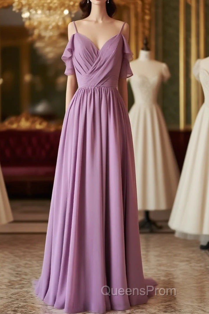 Chiffon Dusty Purple Wedding Guest Dress Straps Long Bridesmaid Dress Main image