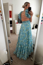Blue Elegant Chiffon Floral Long Classy Prom Dress Classy Evening Gown Garden Party Dress