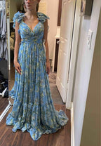 Blue Elegant Chiffon Floral Long Classy Prom Dress Classy Evening Gown Garden Party Dress