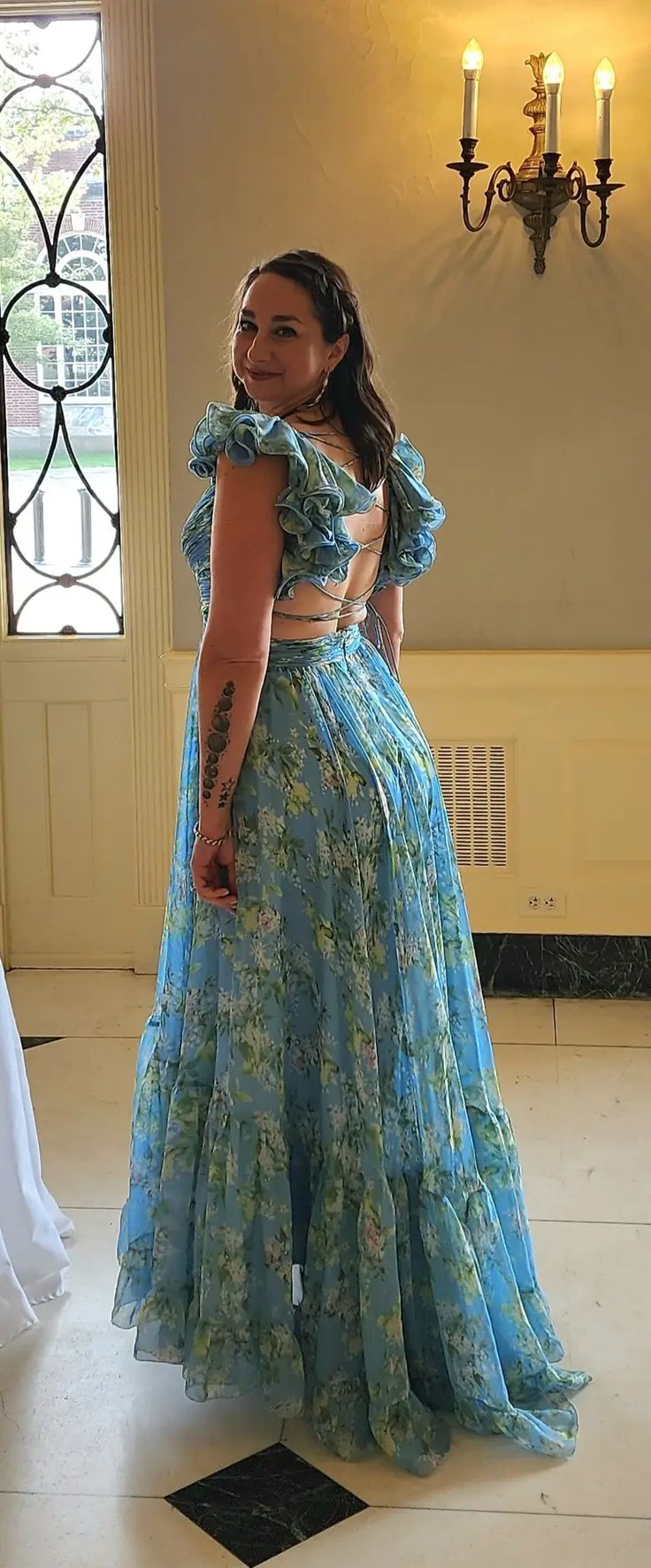 Blue Elegant Chiffon Floral Long Classy Prom Dress Classy Evening Gown Garden Party Dress