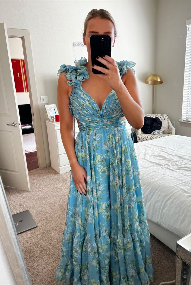 Blue Elegant Chiffon Floral Long Classy Prom Dress Classy Evening Gown Garden Party Dress Main image