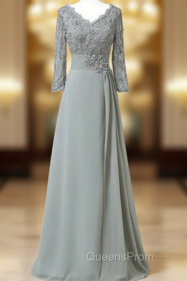 Chiffon Lace 3/4 Sleeve Double V Neck Grey Beading Mother of the Bride Dress Main image