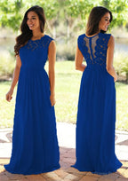 Chiffon Long/Floor-Length A-Line/Princess Sleeveless Bateau Zipper Prom Dresses With Appliqued