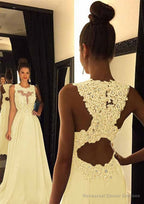 Chiffon Prom Dresses A-Line/Princess Scoop Neck Sweep Train With Appliqued Beaded