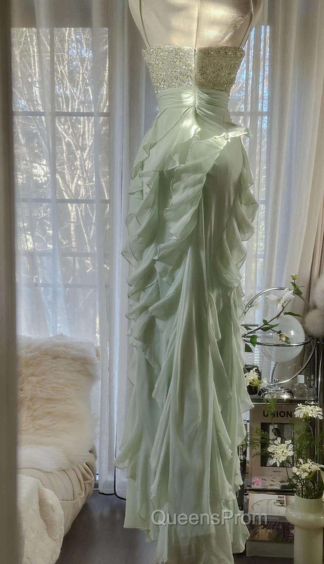 Chiffon Sheath Spaghetti Strap Ruffled Evening Prom Dress With Beading Evening Dress Secondary image