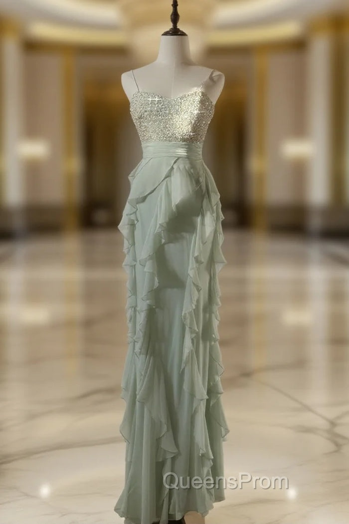 Chiffon Sheath Spaghetti Strap Ruffled Evening Prom Dress With Beading Evening Dress Main image