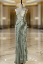 Chiffon Sheath Spaghetti Strap Ruffled Evening Prom Dress With Beading Evening Dress