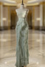 Chiffon Sheath Spaghetti Strap Ruffled Evening Prom Dress With Beading Evening Dress