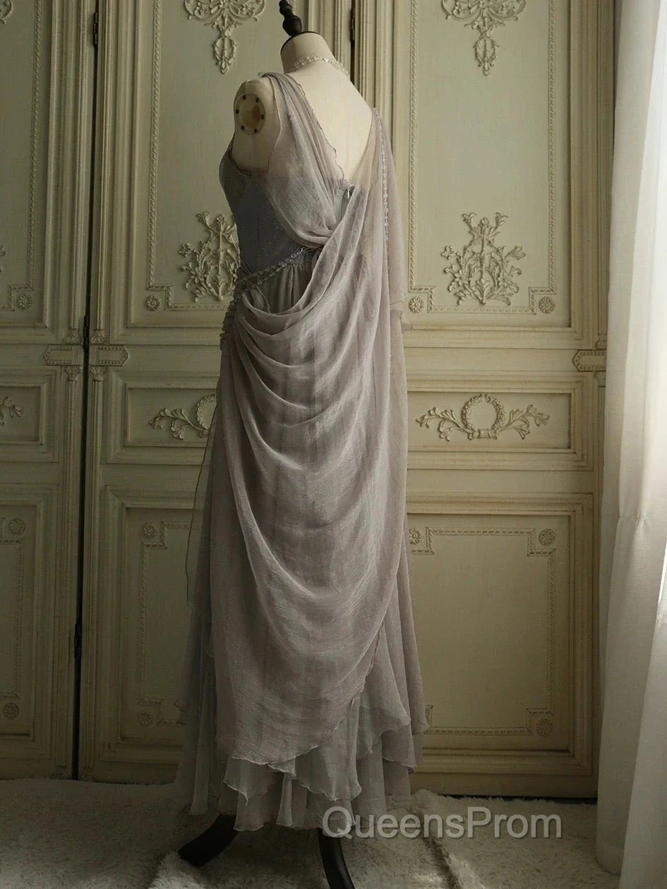 Chiffon Spaghetti Straps Transparent Beads Sweetheart Neck Grey Long Evening Prom Dress Secondary image