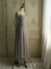 Chiffon Spaghetti Straps Transparent Beads Sweetheart Neck Grey Long Evening Prom Dress
