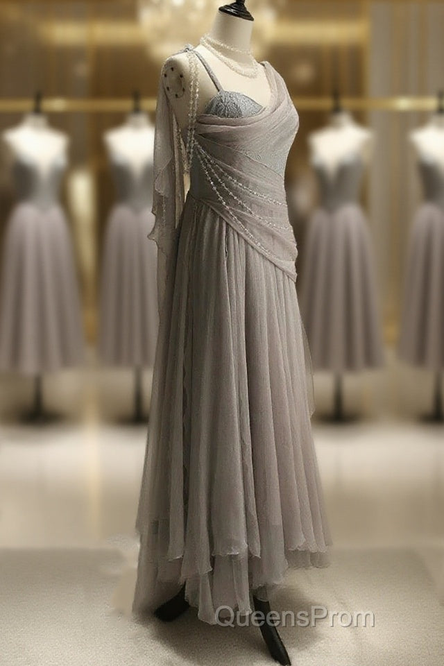 Chiffon Spaghetti Straps Transparent Beads Sweetheart Neck Grey Long Evening Prom Dress Main image
