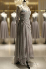 Chiffon Spaghetti Straps Transparent Beads Sweetheart Neck Grey Long Evening Prom Dress