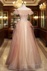 Chmpagne Pink Tulle Off the Shoulder Pearls Evening Prom Dress