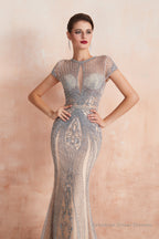 Mermaid Round Neck Long Prom Dresses with Crystal Beading