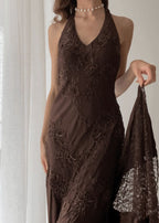 Brown Vintage Elegant Suspender Lace Spaghetti Strap Long Satin Ball Gown Classy Evening Dress