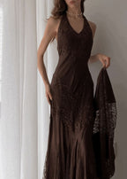 Brown Vintage Elegant Suspender Lace Spaghetti Strap Long Satin Ball Gown Classy Evening Dress