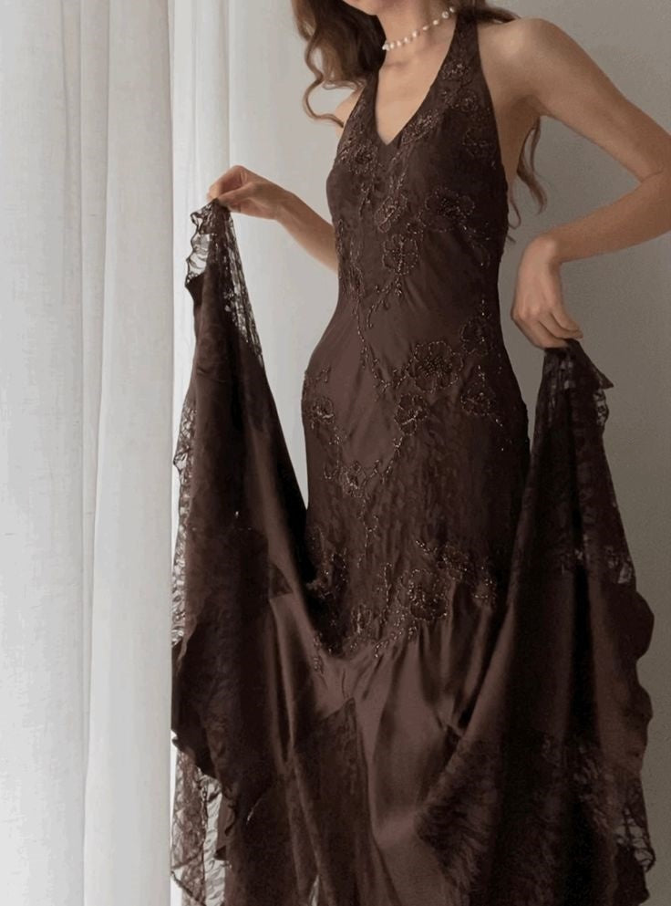 Brown Vintage Elegant Suspender Lace Spaghetti Strap Long Satin Ball Gown Classy Evening Dress