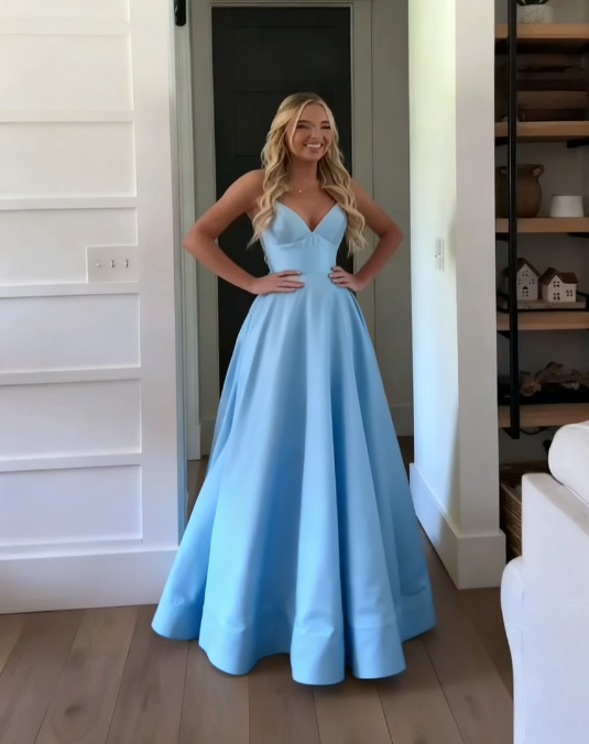 Classic A Line Spaghetti Straps Pastel Yellow Satin Long Classy Prom Dress Classy Dress
