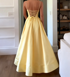 Classic A Line Spaghetti Straps Pastel Yellow Satin Long Classy Prom Dress Classy Dress
