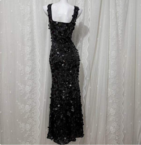 Classic Black Mermaid Square Neck Spaghetti Strap Sequin Long Classy Prom Dress Secondary image
