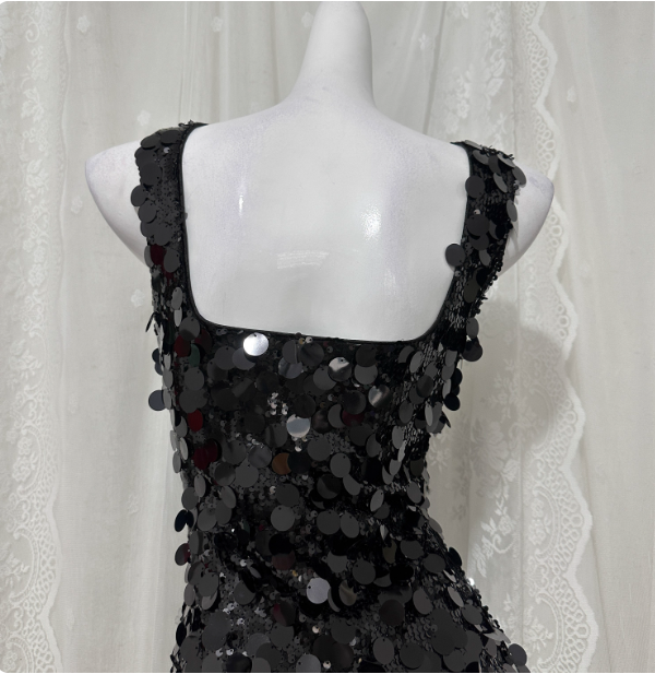 Classic Black Mermaid Square Neck Spaghetti Strap Sequin Long Classy Prom Dress
