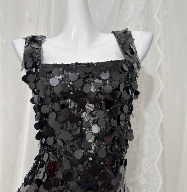 Classic Black Mermaid Square Neck Spaghetti Strap Sequin Long Classy Prom Dress