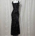 Classic Black Mermaid Square Neck Spaghetti Strap Sequin Long Classy Prom Dress