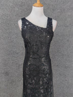 Classic Black Slim-Fit Asymmetric Neck Sequin Tulle Long Classy Prom Dress