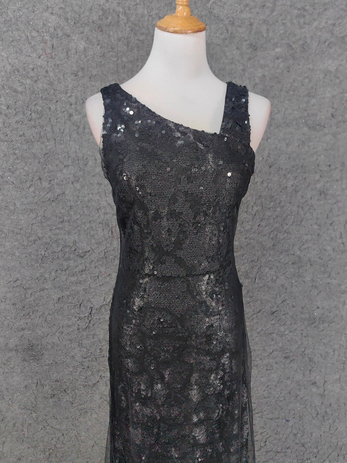 Classic Black Slim-Fit Asymmetric Neck Sequin Tulle Long Classy Prom Dress